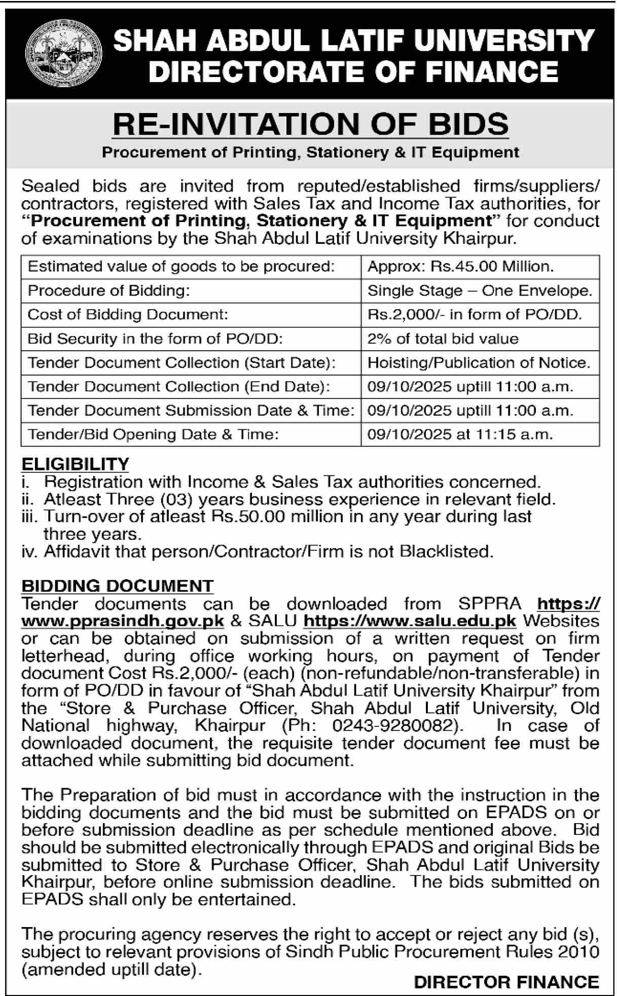 Shah Abdul Latif University Tender Notice